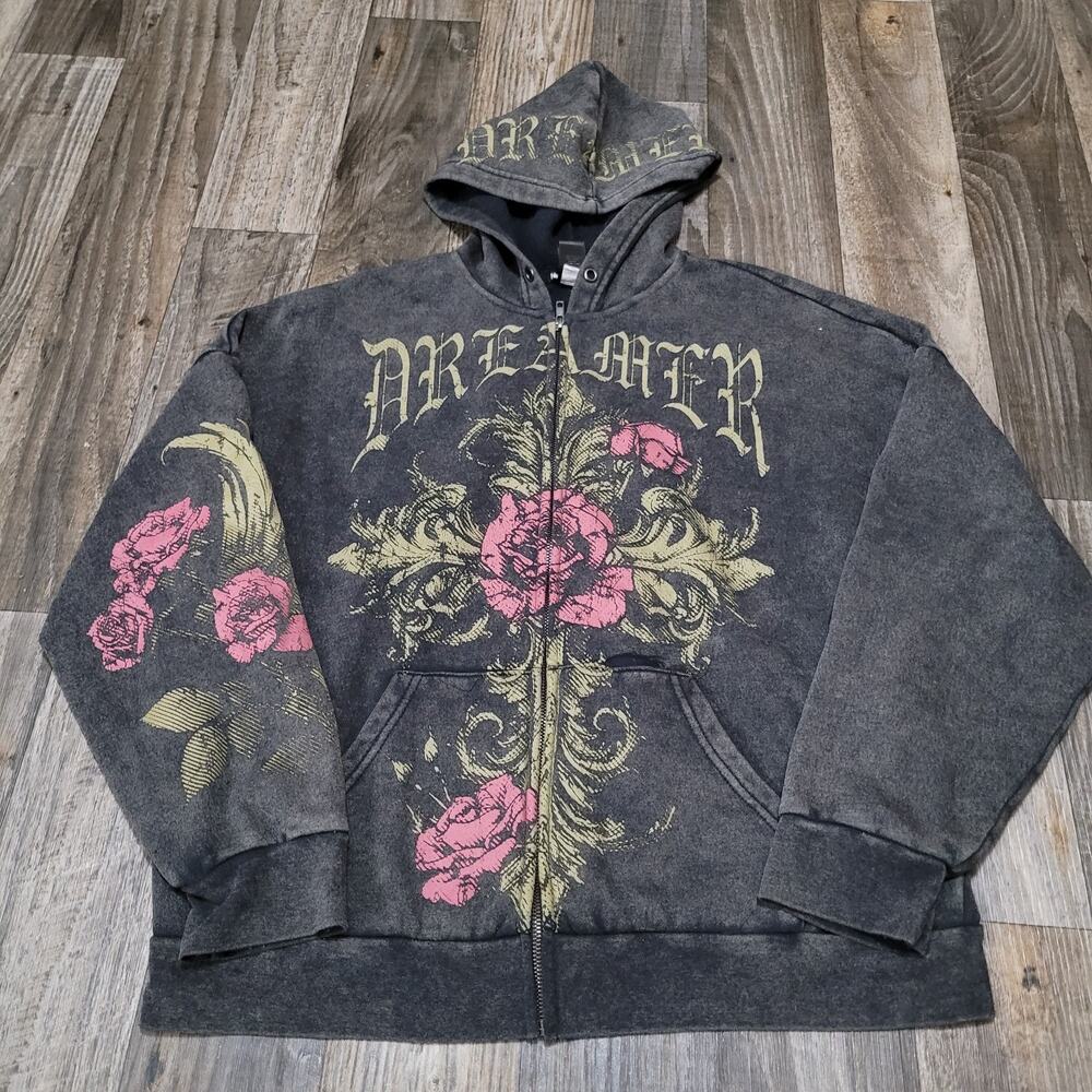 Hot Topic Full Zip Hoodie Womens Large Dreamer (Holes In Pockets) Roses Cross